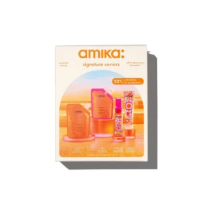 This amika Signature Saviors trial set includes shampoo, conditioner, hair mask, and detangling primer to hydrate, repair, and detangle hair, while protecting against heat.
