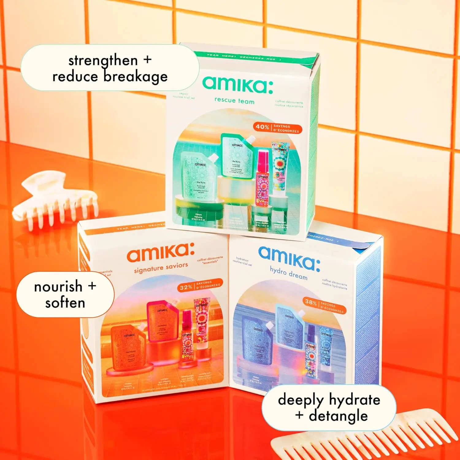 This amika Signature Saviors trial set includes shampoo, conditioner, hair mask, and detangling primer to hydrate, repair, and detangle hair, while protecting against heat.