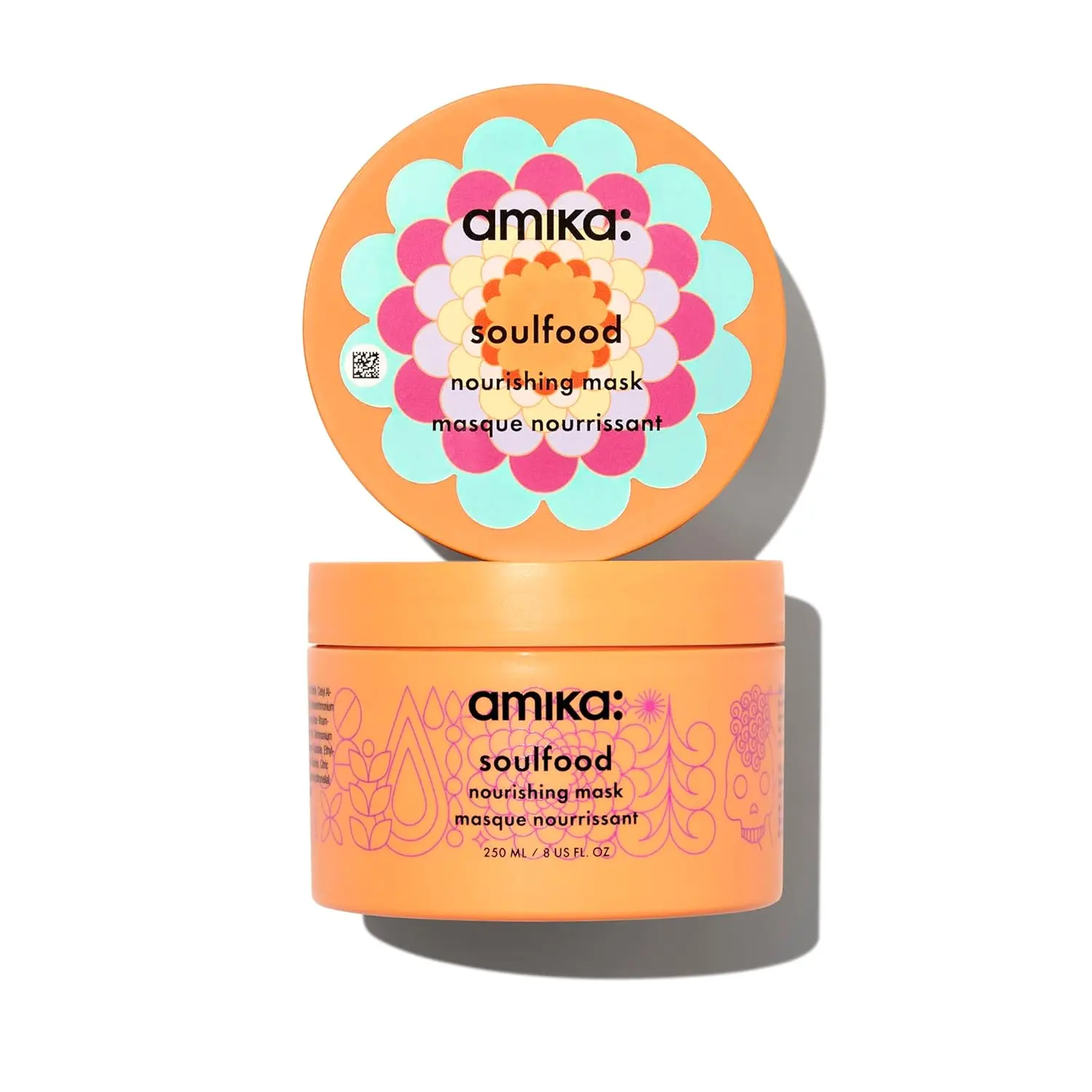 A jar of Amika Soulfood Nourishing Mask designed to deeply condition and hydrate hair for lasting softness and shine.