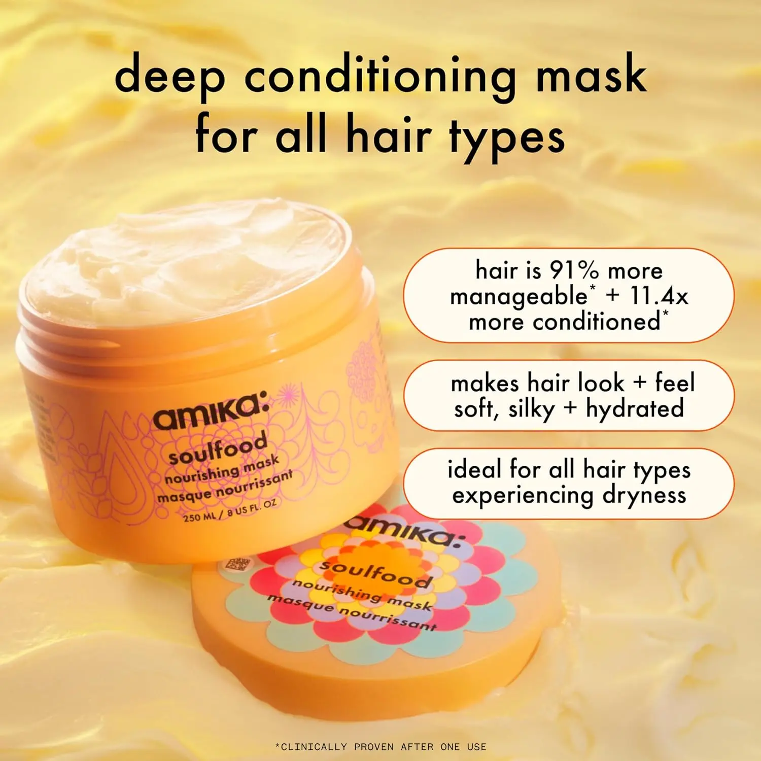 A jar of Amika Soulfood Nourishing Mask designed to deeply condition and hydrate hair for lasting softness and shine.