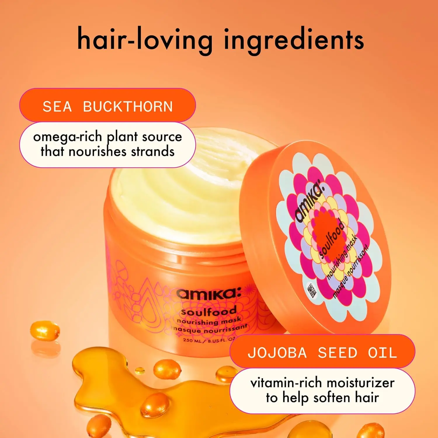 A jar of Amika Soulfood Nourishing Mask designed to deeply condition and hydrate hair for lasting softness and shine.