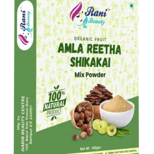 This is a 100g container of Amla Reetha Shikakai powder, a natural hair care blend for stronger, thicker, and healthier hair.
