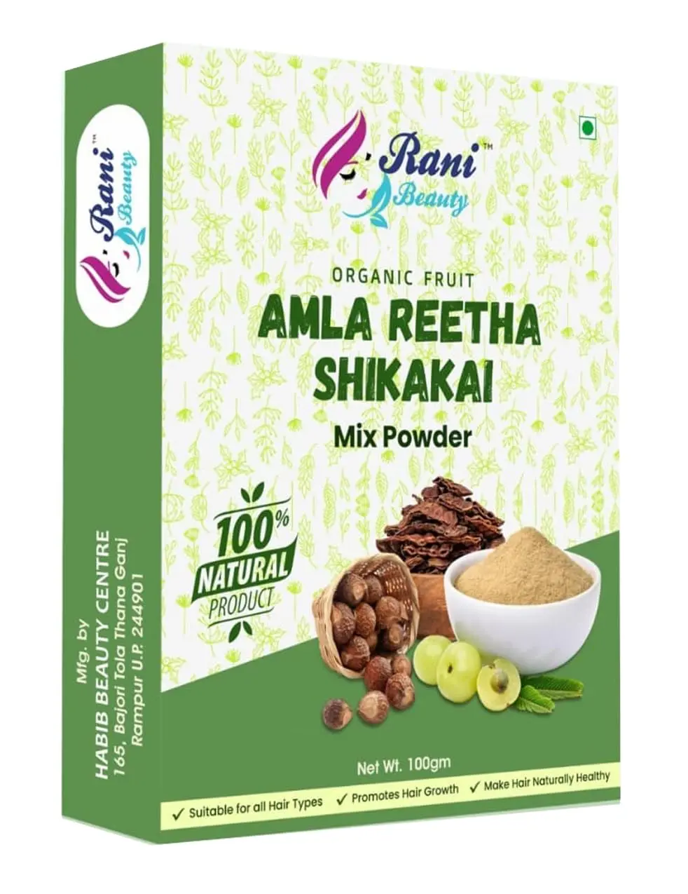 This is a 100g container of Amla Reetha Shikakai powder, a natural hair care blend for stronger, thicker, and healthier hair.