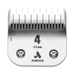 This is an Andis UltraEdge Size-4 skip-tooth dog clipper blade, crafted from carbon-infused steel, hand-tested, and compatible with Andis, Conair, Oster, and Wahl detachable-style clippers, perfect for body work and blending.