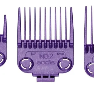 This set of five purple Andis Master clipper guards with dual magnets provides various cutting lengths for MBA, MC-2, ML, PM-1, and PM-4 hair clippers.