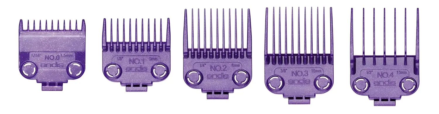 This set of five purple Andis Master clipper guards with dual magnets provides various cutting lengths for MBA, MC-2, ML, PM-1, and PM-4 hair clippers.