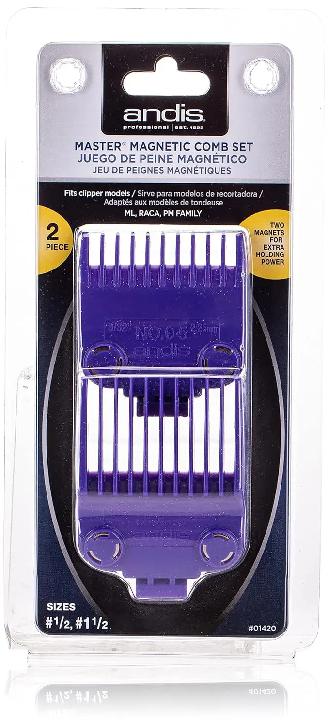 This set of five purple Andis Master clipper guards with dual magnets provides various cutting lengths for MBA, MC-2, ML, PM-1, and PM-4 hair clippers.