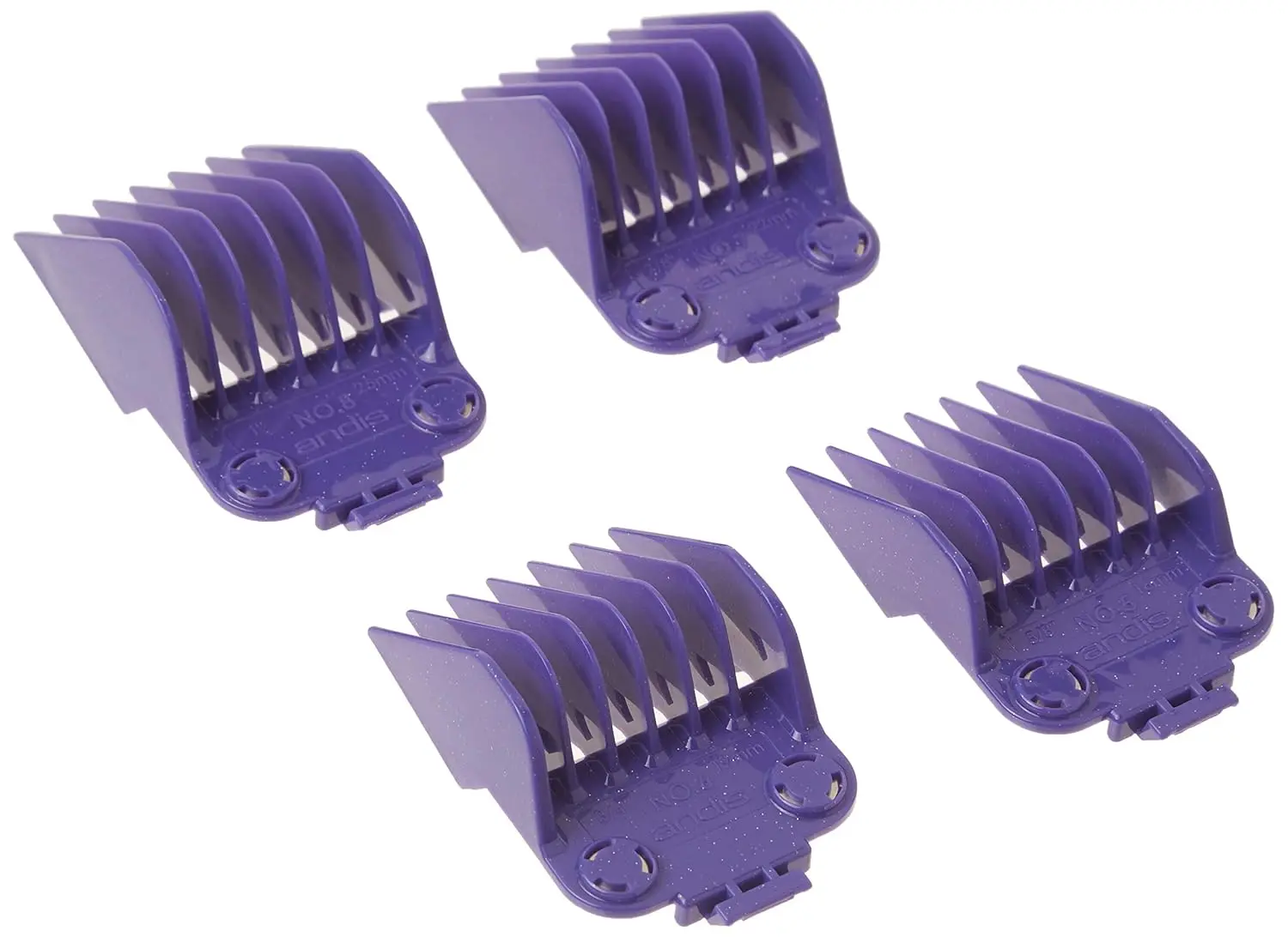 This set of five purple Andis Master clipper guards with dual magnets provides various cutting lengths for MBA, MC-2, ML, PM-1, and PM-4 hair clippers.