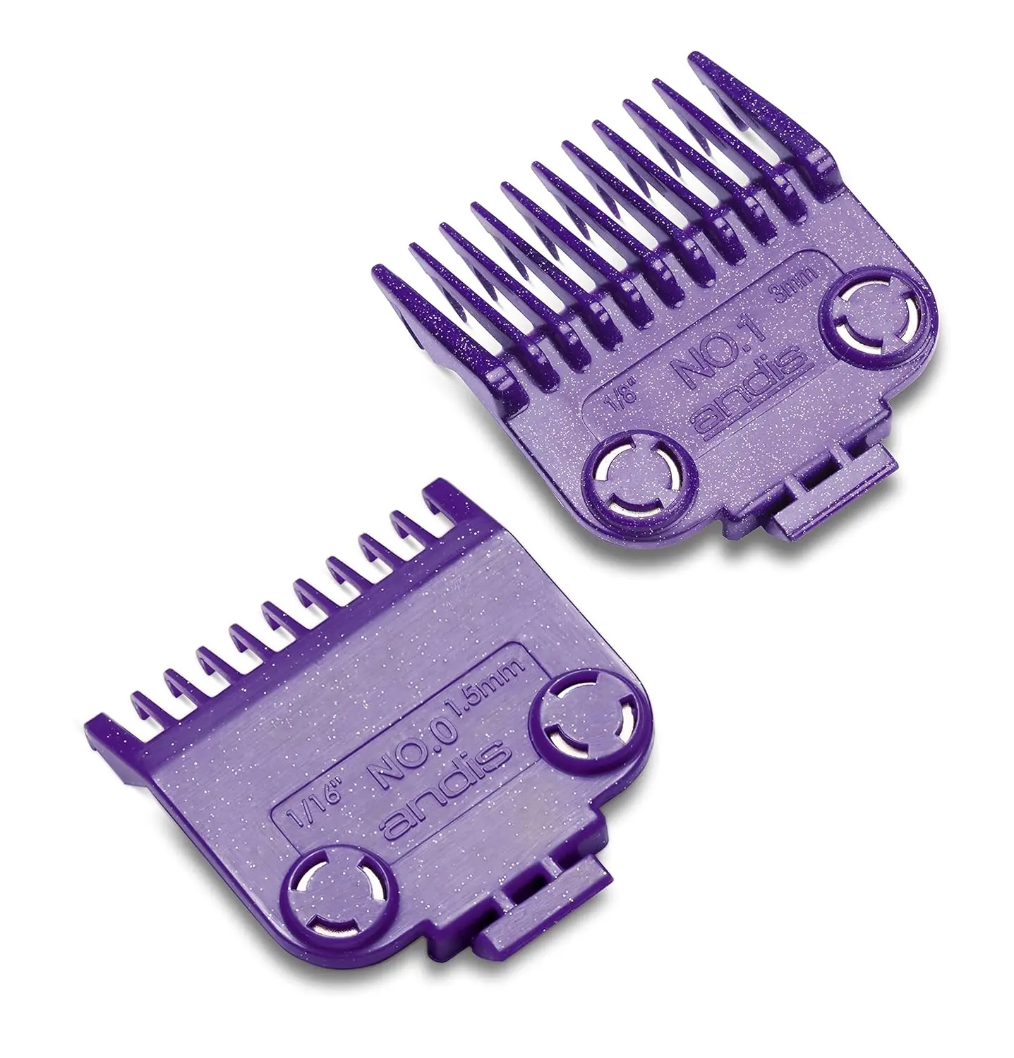 This set of five purple Andis Master clipper guards with dual magnets provides various cutting lengths for MBA, MC-2, ML, PM-1, and PM-4 hair clippers.