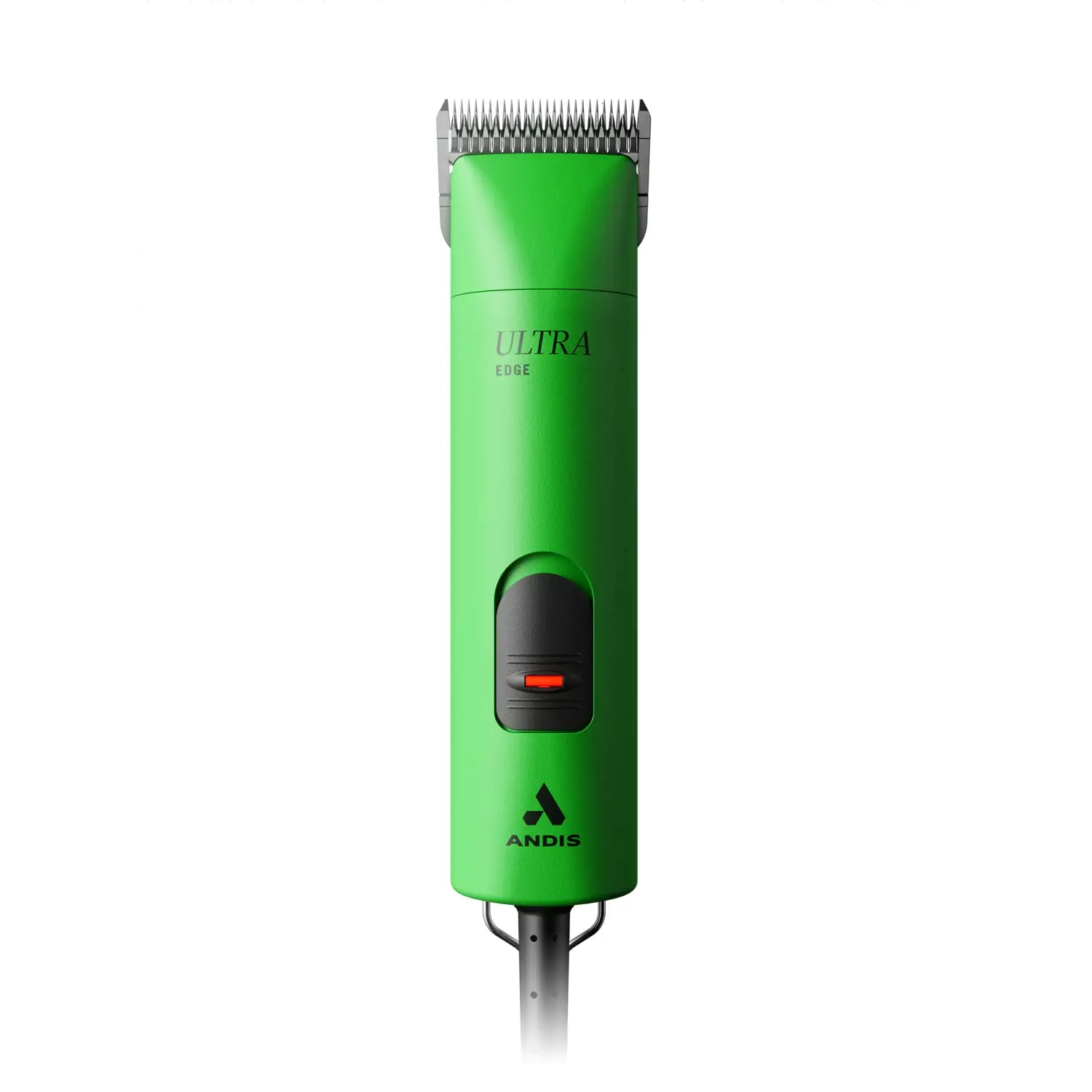 The Andis UltraEdge Super 2-Speed clipper in spring green quickly and quietly trims thick dog hair with its sharp, detachable blade.