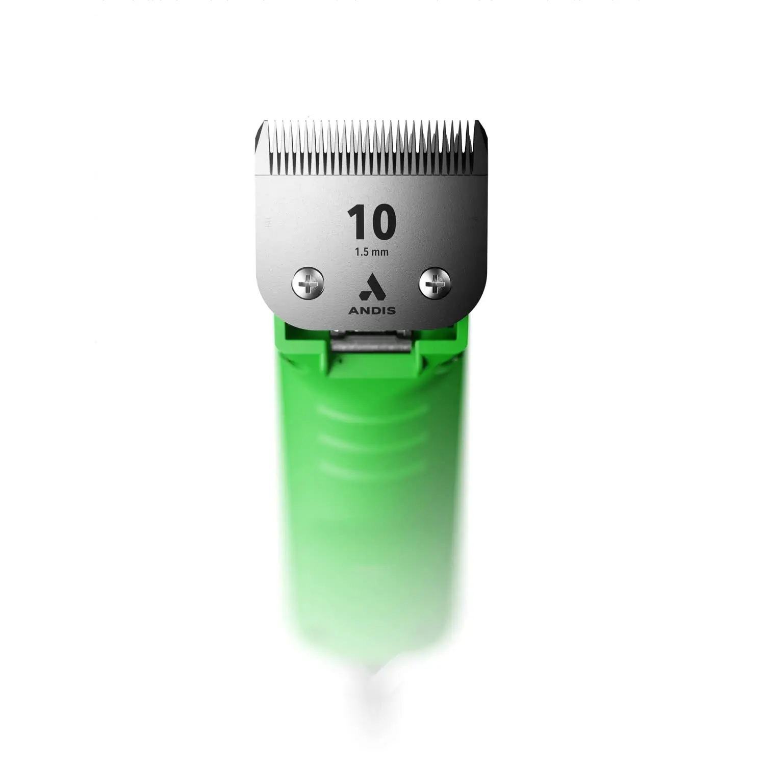 The Andis UltraEdge Super 2-Speed clipper in spring green quickly and quietly trims thick dog hair with its sharp, detachable blade.