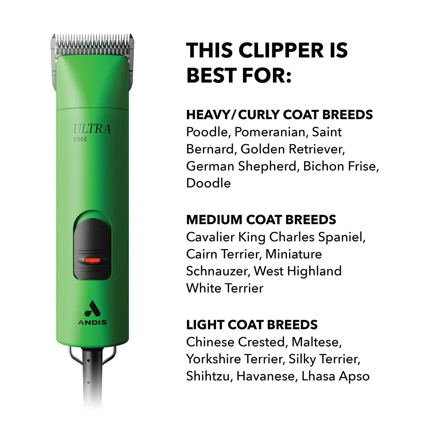 The Andis UltraEdge Super 2-Speed clipper in spring green quickly and quietly trims thick dog hair with its sharp, detachable blade.