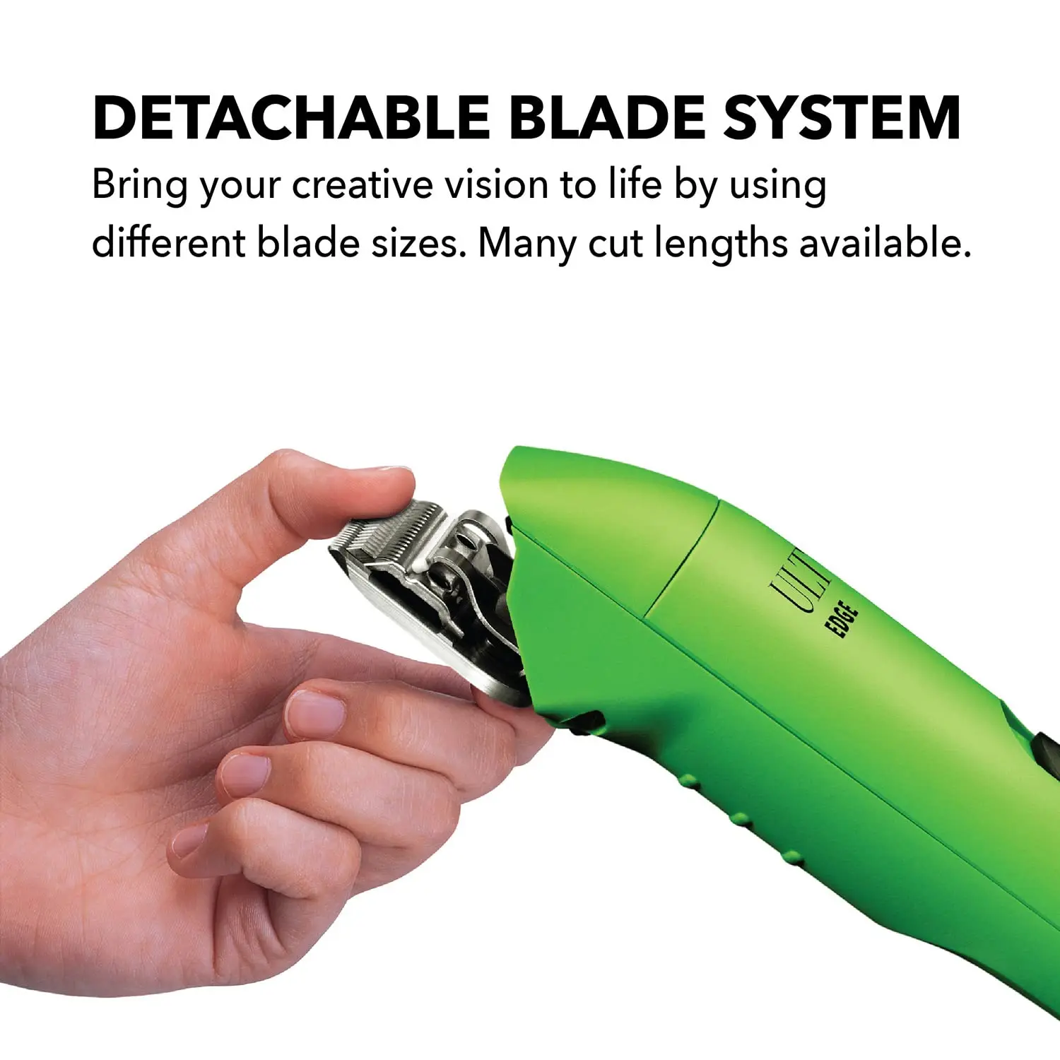 The Andis UltraEdge Super 2-Speed clipper in spring green quickly and quietly trims thick dog hair with its sharp, detachable blade.