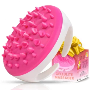 Pink silicone anti cellulite massager with dual handle for body scrubbing and cellulite removal to improve circulation and distribute fat deposits when used with creams and oils.