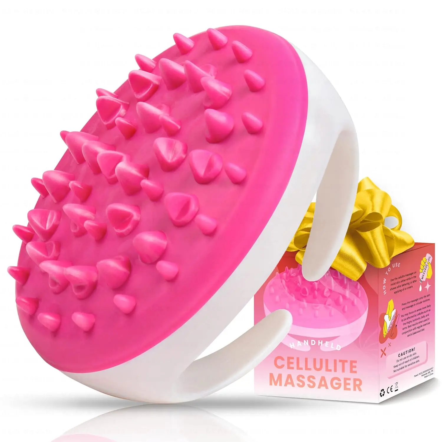 Pink silicone anti cellulite massager with dual handle for body scrubbing and cellulite removal to improve circulation and distribute fat deposits when used with creams and oils.