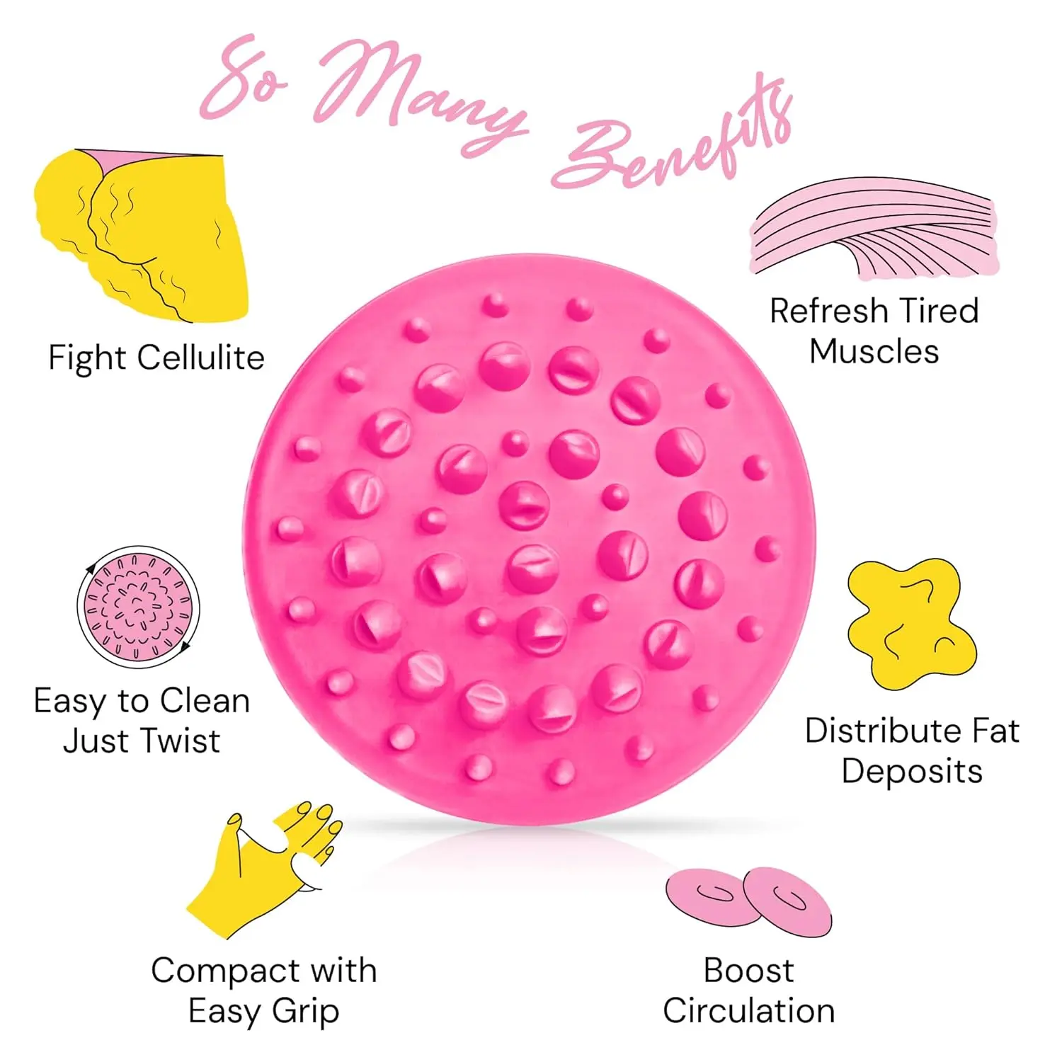 Pink silicone anti cellulite massager with dual handle for body scrubbing and cellulite removal to improve circulation and distribute fat deposits when used with creams and oils.