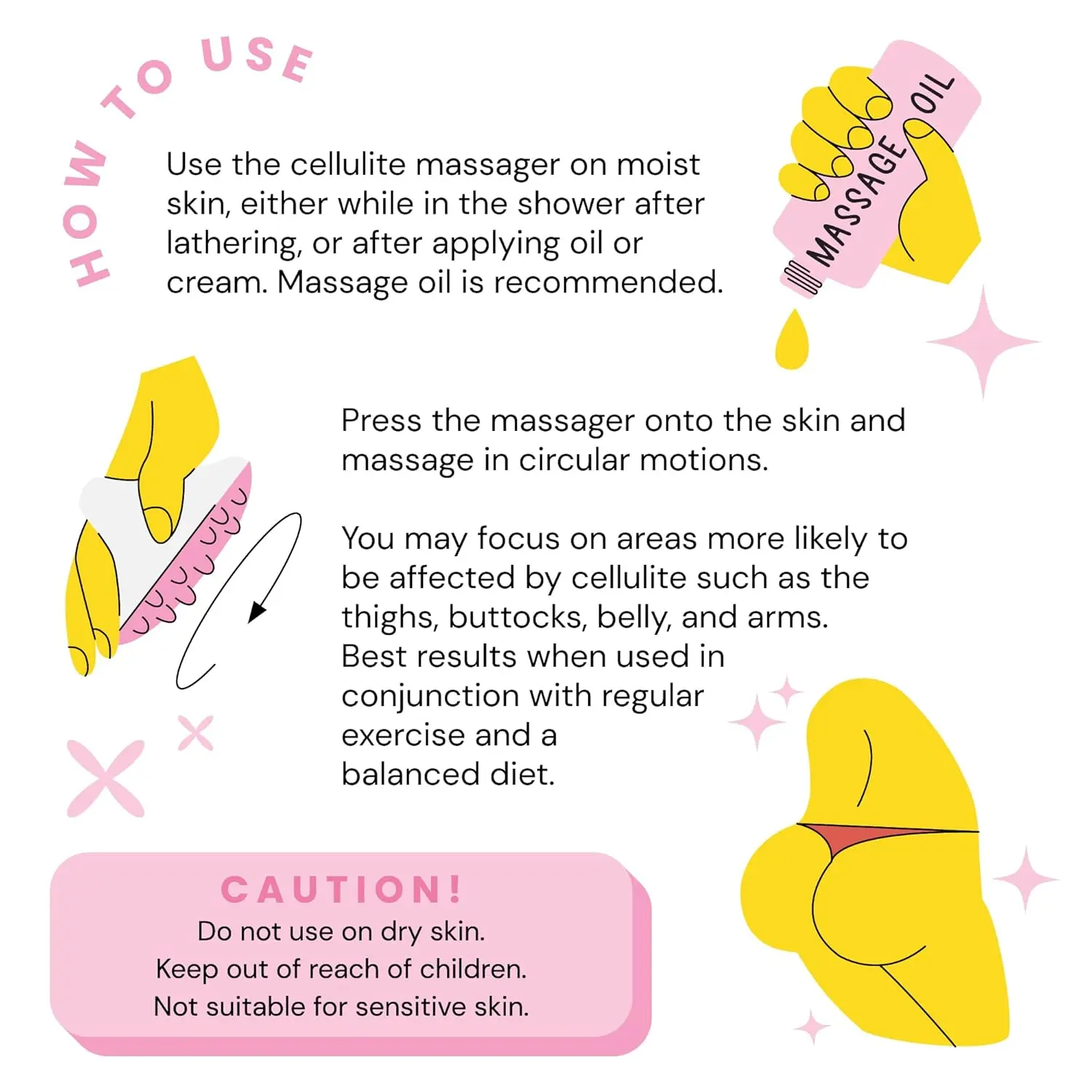 Pink silicone anti cellulite massager with dual handle for body scrubbing and cellulite removal to improve circulation and distribute fat deposits when used with creams and oils.