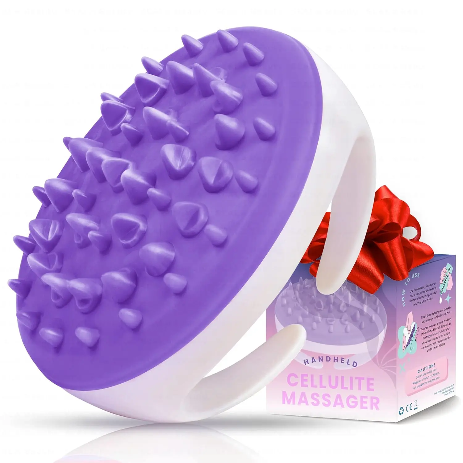 Pink silicone anti cellulite massager with dual handle for body scrubbing and cellulite removal to improve circulation and distribute fat deposits when used with creams and oils.