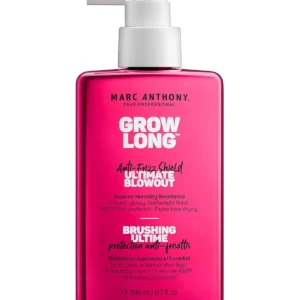 Marc Anthony Grow Long anti-frizz blowout spray protects hair from heat, resists humidity, and leaves hair smooth and shiny.