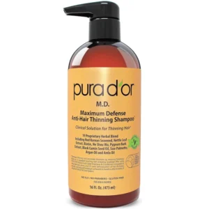 PURA D'OR anti-thinning shampoo with coal tar and herbal extracts to rejuvenate hair and scalp, hydrate dry hair, and reduce thinning.