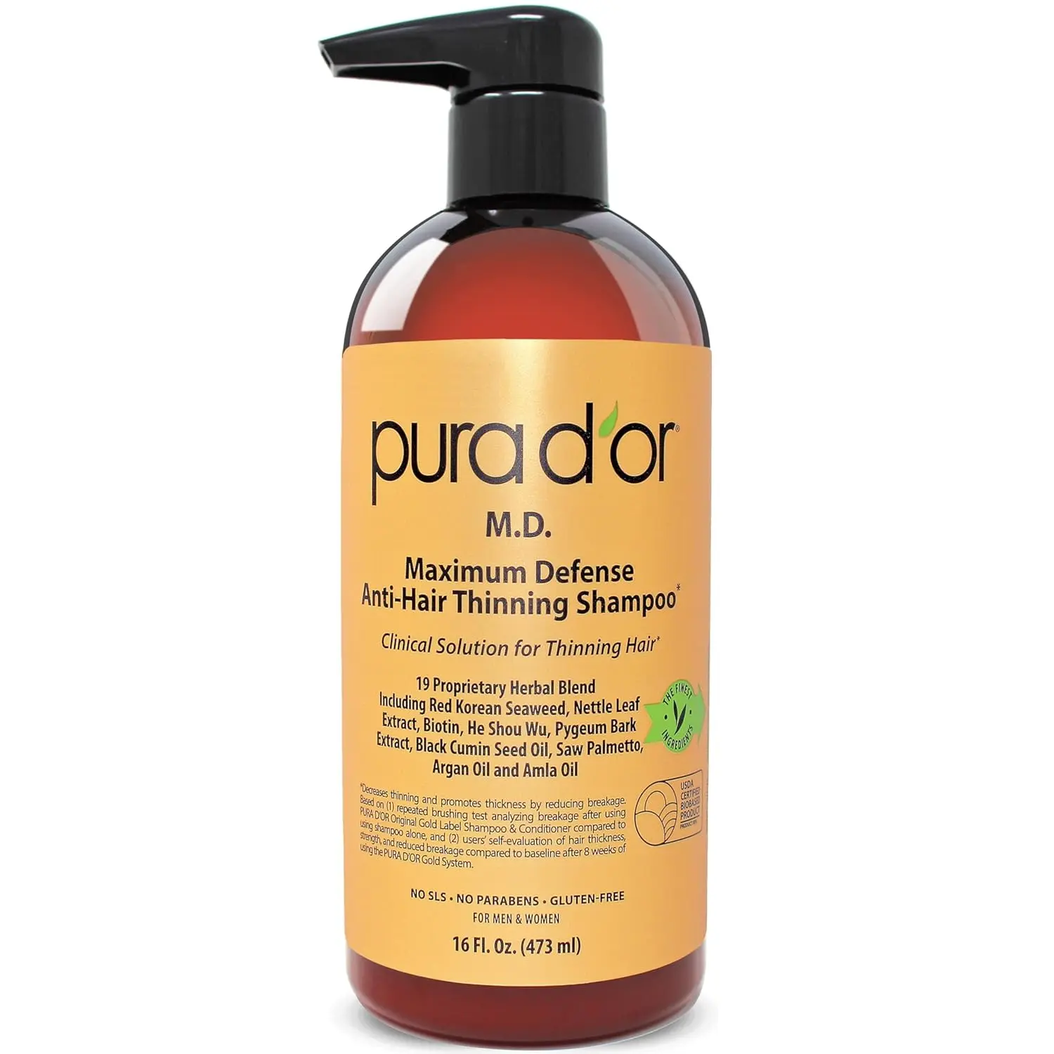 PURA D'OR anti-thinning shampoo with coal tar and herbal extracts to rejuvenate hair and scalp, hydrate dry hair, and reduce thinning.