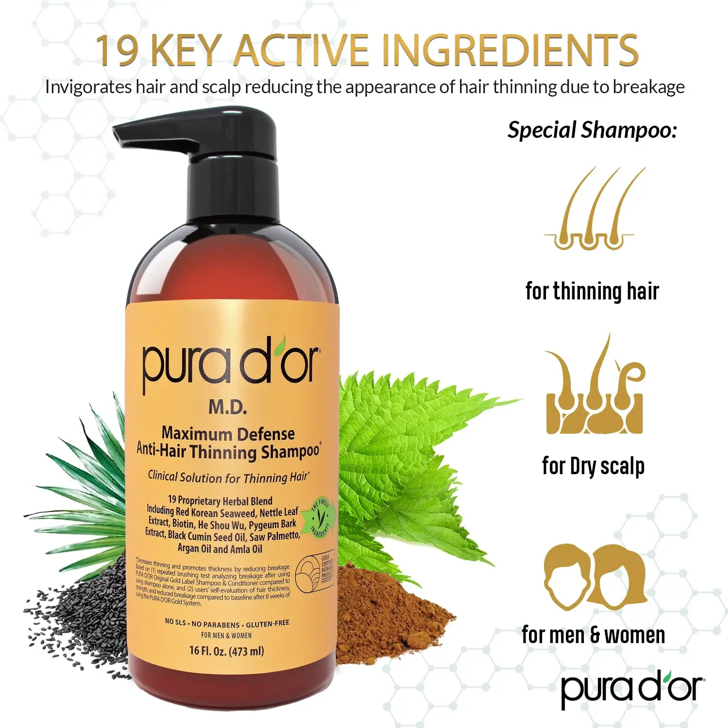 PURA D'OR anti-thinning shampoo with coal tar and herbal extracts to rejuvenate hair and scalp, hydrate dry hair, and reduce thinning.