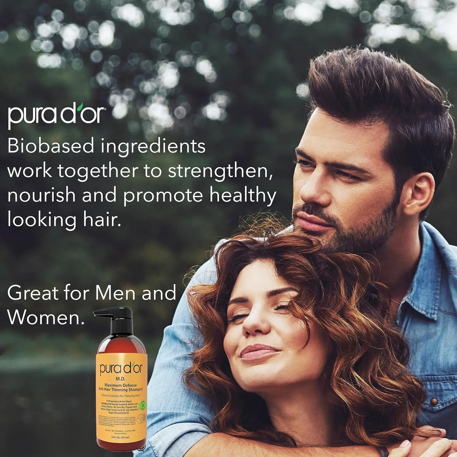 PURA D'OR anti-thinning shampoo with coal tar and herbal extracts to rejuvenate hair and scalp, hydrate dry hair, and reduce thinning.