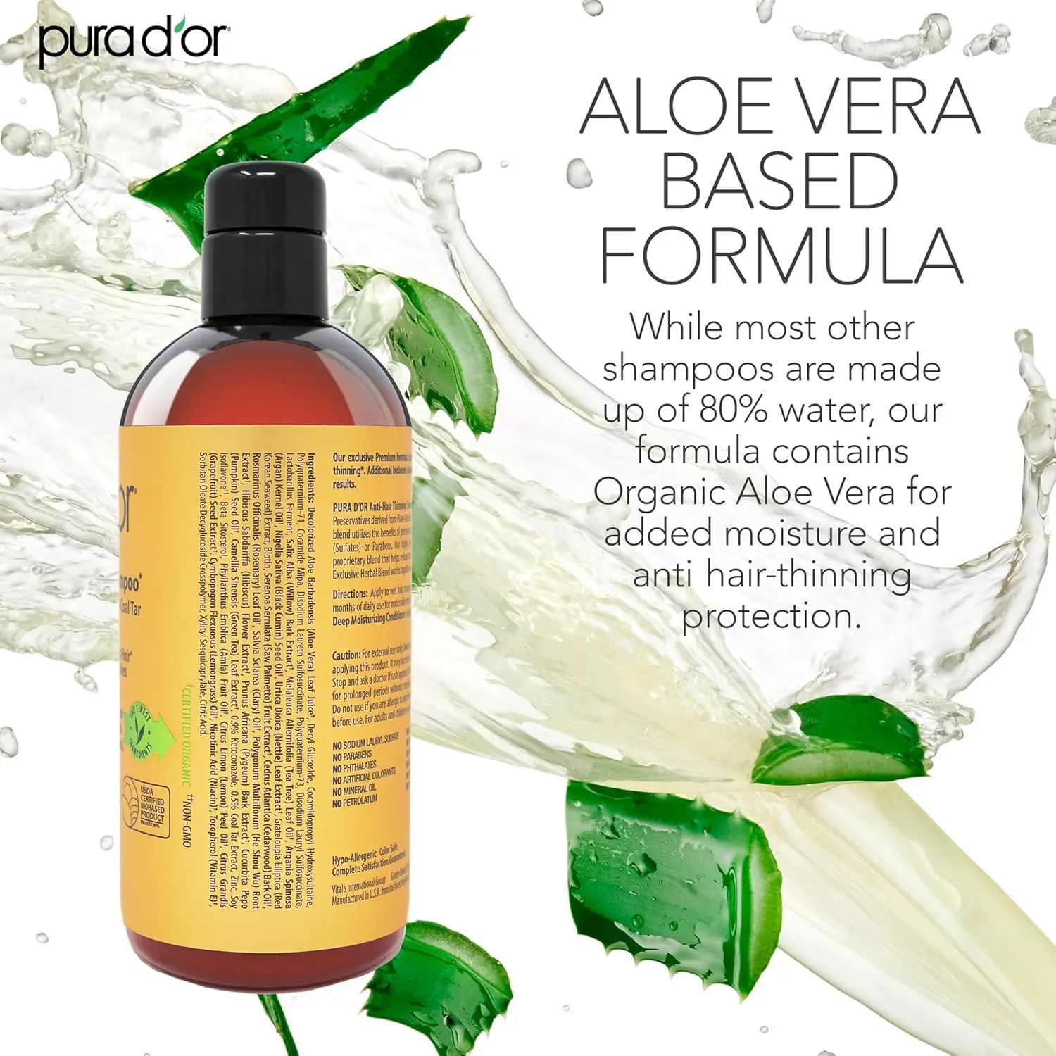 PURA D'OR anti-thinning shampoo with coal tar and herbal extracts to rejuvenate hair and scalp, hydrate dry hair, and reduce thinning.