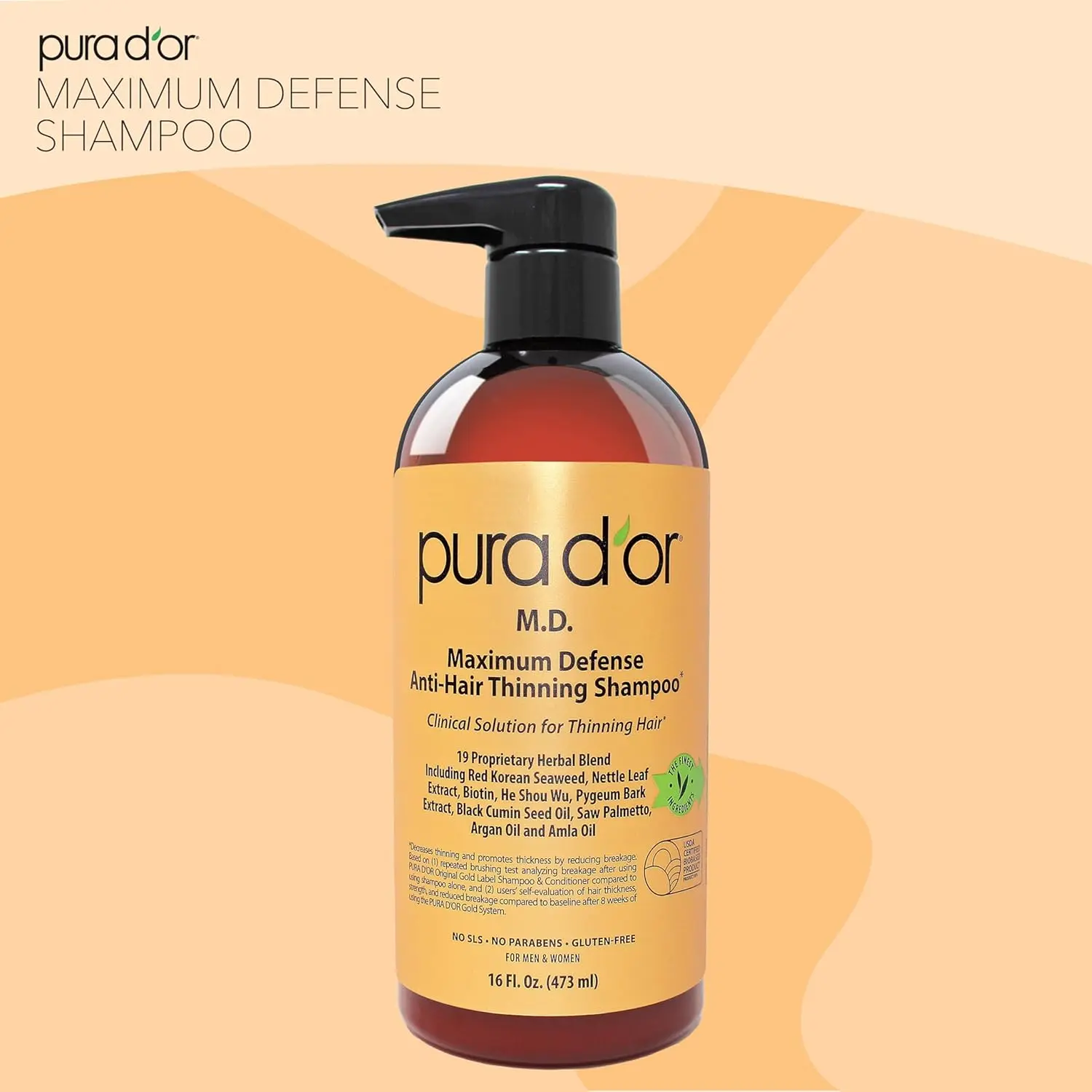 PURA D'OR anti-thinning shampoo with coal tar and herbal extracts to rejuvenate hair and scalp, hydrate dry hair, and reduce thinning.