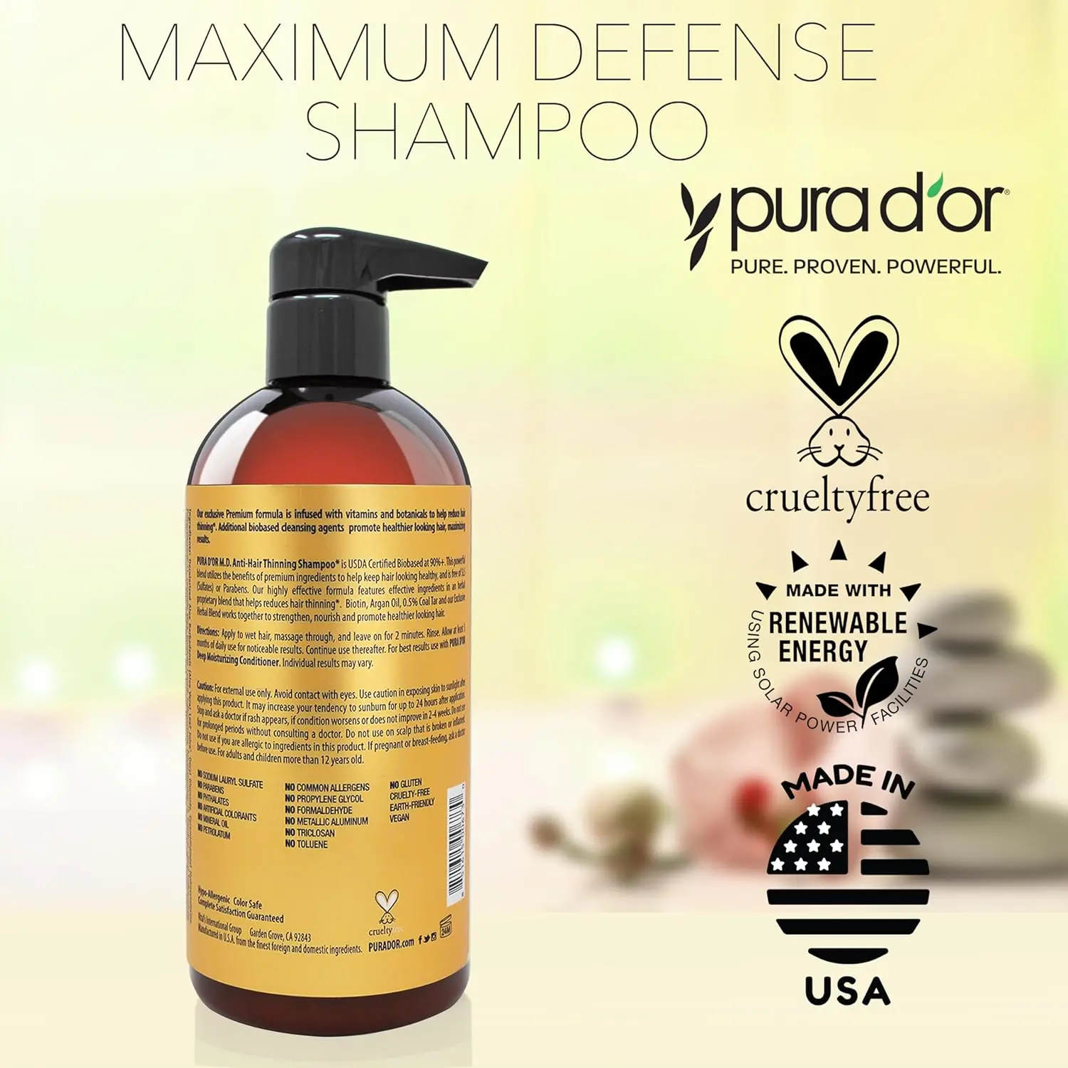 PURA D'OR anti-thinning shampoo with coal tar and herbal extracts to rejuvenate hair and scalp, hydrate dry hair, and reduce thinning.
