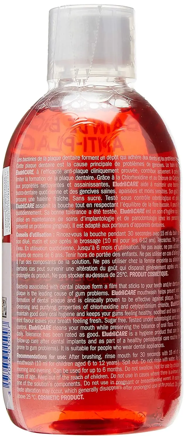 Bottle of antiplaque mouthwash for adults that is antibacterial and mint free, offering soothing oral care.