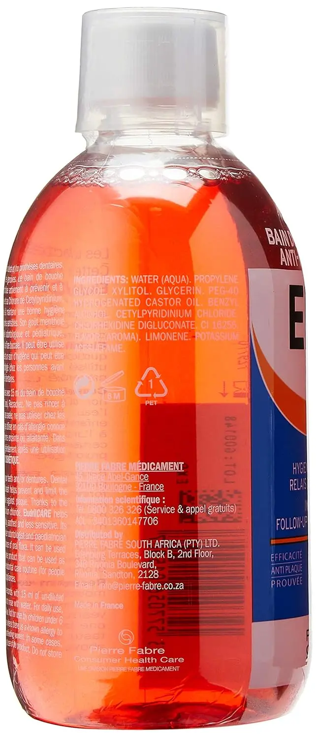 Bottle of antiplaque mouthwash for adults that is antibacterial and mint free, offering soothing oral care.