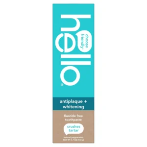 A 4.7 oz tube of hello Antiplaque and Whitening Fluoride Free Toothpaste with natural peppermint flavor, designed to help whiten teeth and brush away plaque.