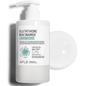 A bottle of APLB Glutathione Niacinamide Body Wash gently cleanses and brightens skin for a radiant, healthy complexion, while hydrating and soothing sensitive skin.