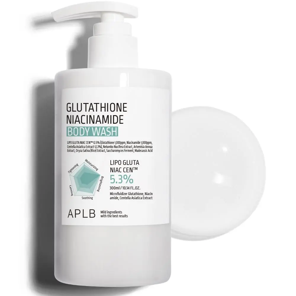 A bottle of APLB Glutathione Niacinamide Body Wash gently cleanses and brightens skin for a radiant, healthy complexion, while hydrating and soothing sensitive skin.