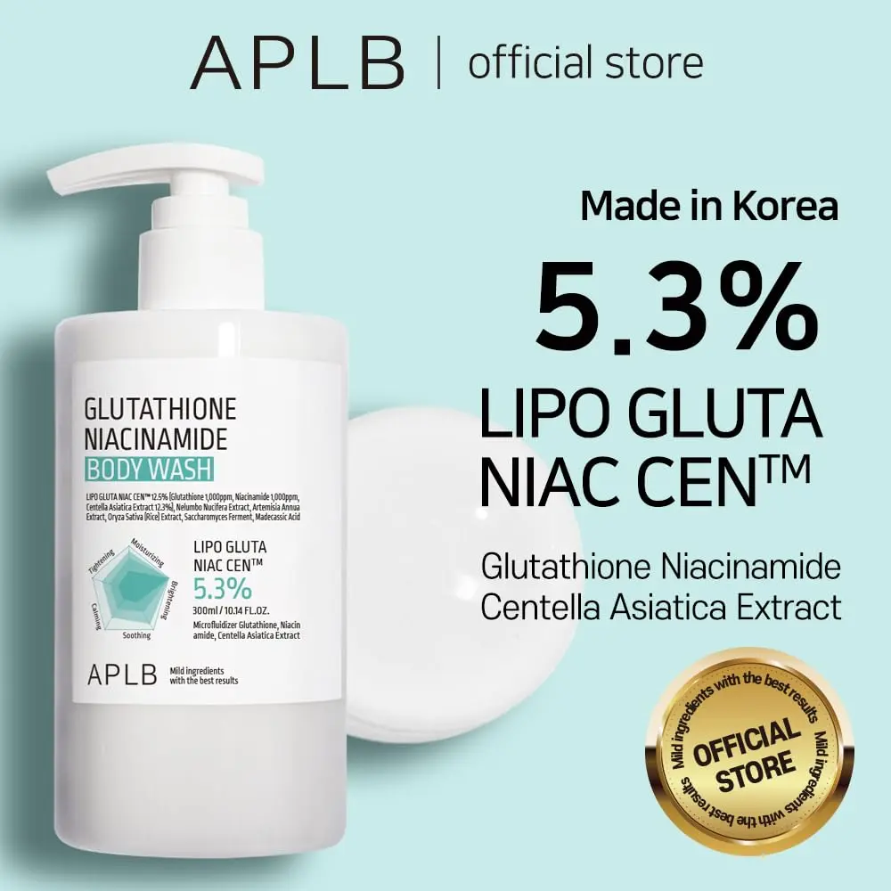 A bottle of APLB Glutathione Niacinamide Body Wash gently cleanses and brightens skin for a radiant, healthy complexion, while hydrating and soothing sensitive skin.