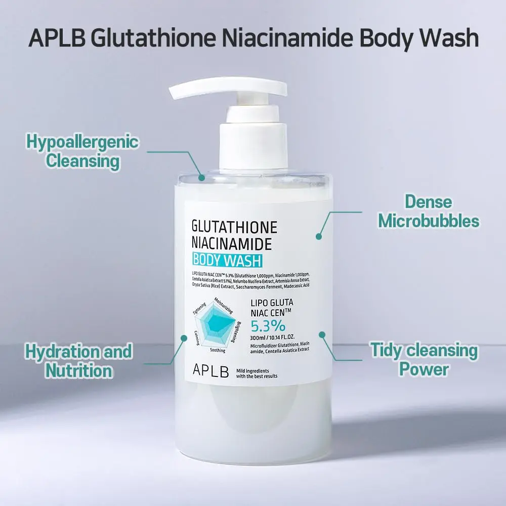 A bottle of APLB Glutathione Niacinamide Body Wash gently cleanses and brightens skin for a radiant, healthy complexion, while hydrating and soothing sensitive skin.