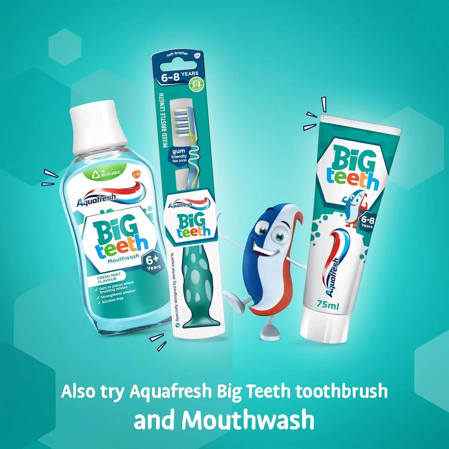 Aquafresh Big Teeth toothpaste specially designed for children aged 6-8 years provides lasting protection for new permanent teeth.