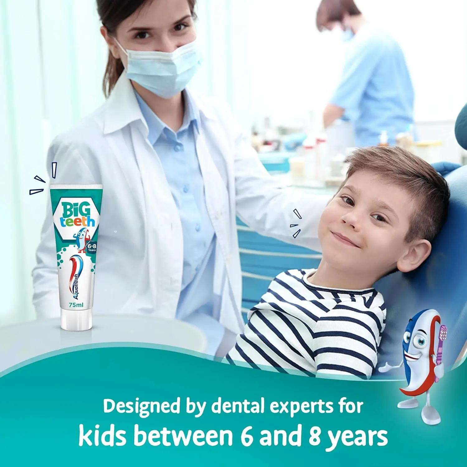 Aquafresh Big Teeth toothpaste specially designed for children aged 6-8 years provides lasting protection for new permanent teeth.