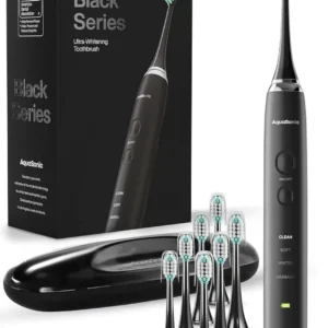 The Aquasonic Black Series toothbrush provides a powerful 40,000 VPM clean, whitening, and gum health support with wireless charging and included travel case.