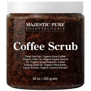 Majestic Pure Arabica Coffee Scrub with caffeine, coconut oil, shea and cocoa butter, and Dead Sea salt exfoliates and moisturizes skin to help reduce the appearance of cellulite, stretch marks, acne, age spots, eczema, and spider veins.