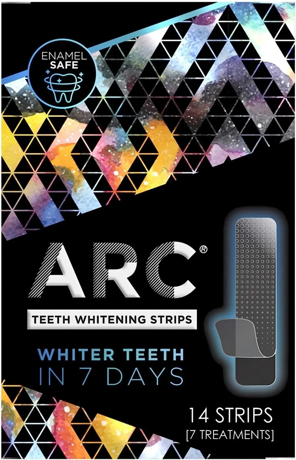 This image shows the ARC teeth whitening kit with seven treatments, each containing two strips for the upper and lower teeth, designed for secure and enamel-safe teeth whitening.