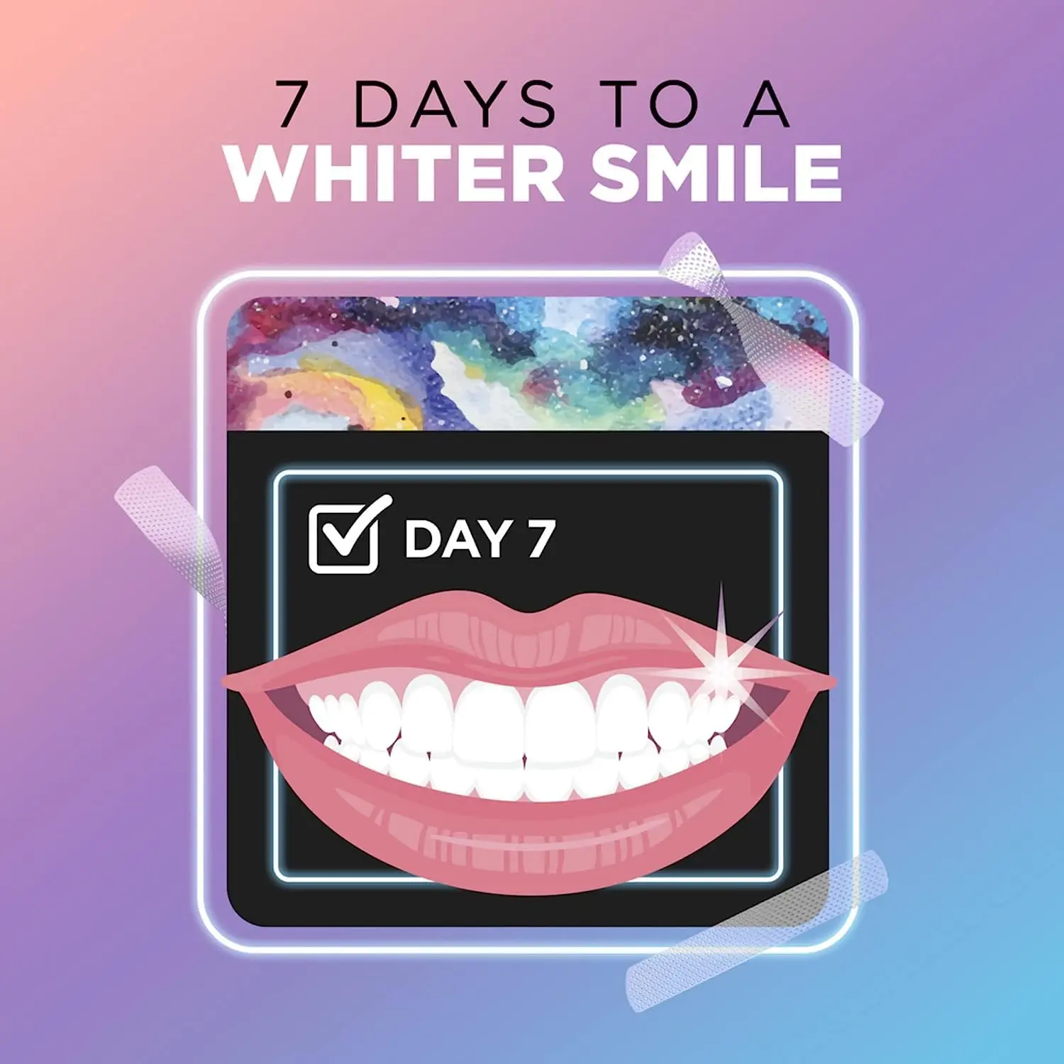 This image shows the ARC teeth whitening kit with seven treatments, each containing two strips for the upper and lower teeth, designed for secure and enamel-safe teeth whitening.