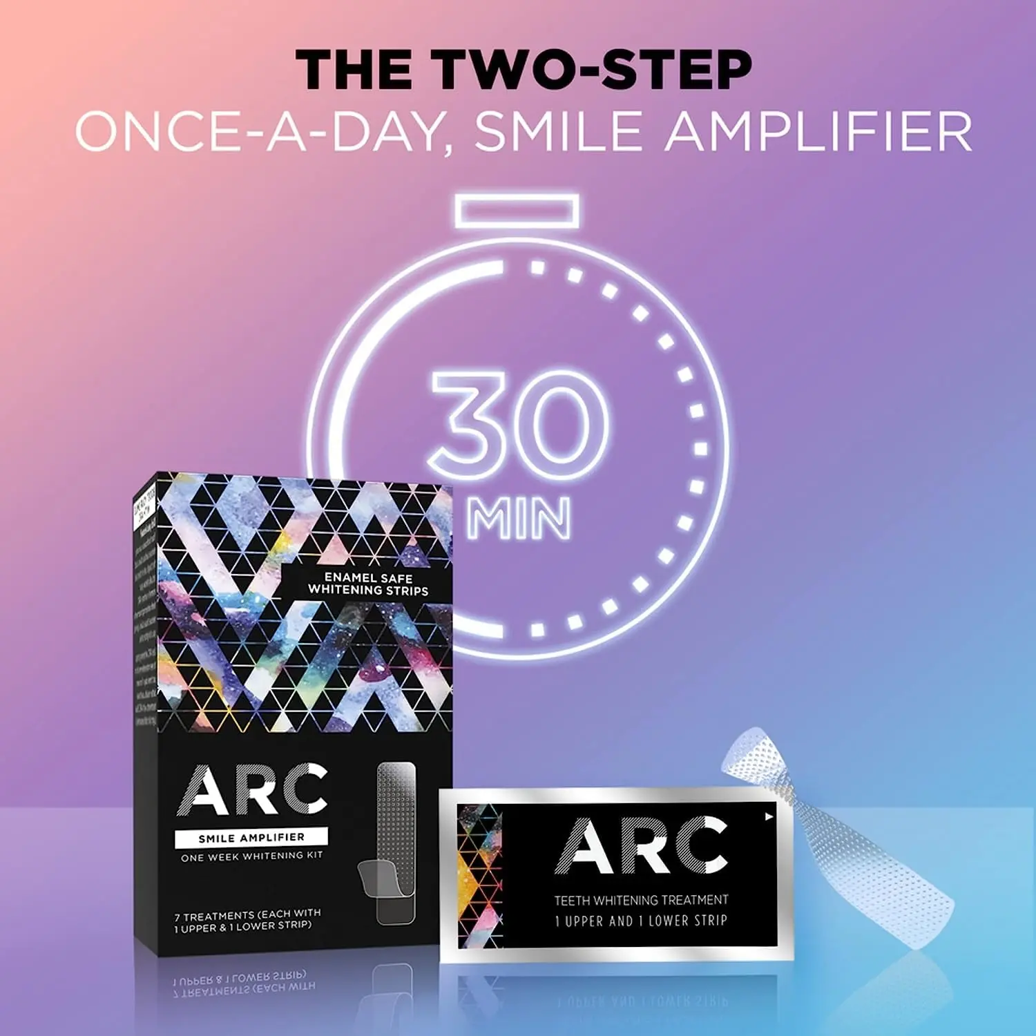 This image shows the ARC teeth whitening kit with seven treatments, each containing two strips for the upper and lower teeth, designed for secure and enamel-safe teeth whitening.
