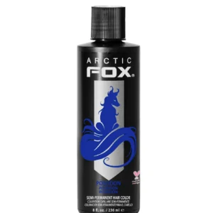 A bottle of Arctic Fox Poseidon blue hair dye, a vibrant, medium true blue vegan and cruelty-free semi-permanent hair color.