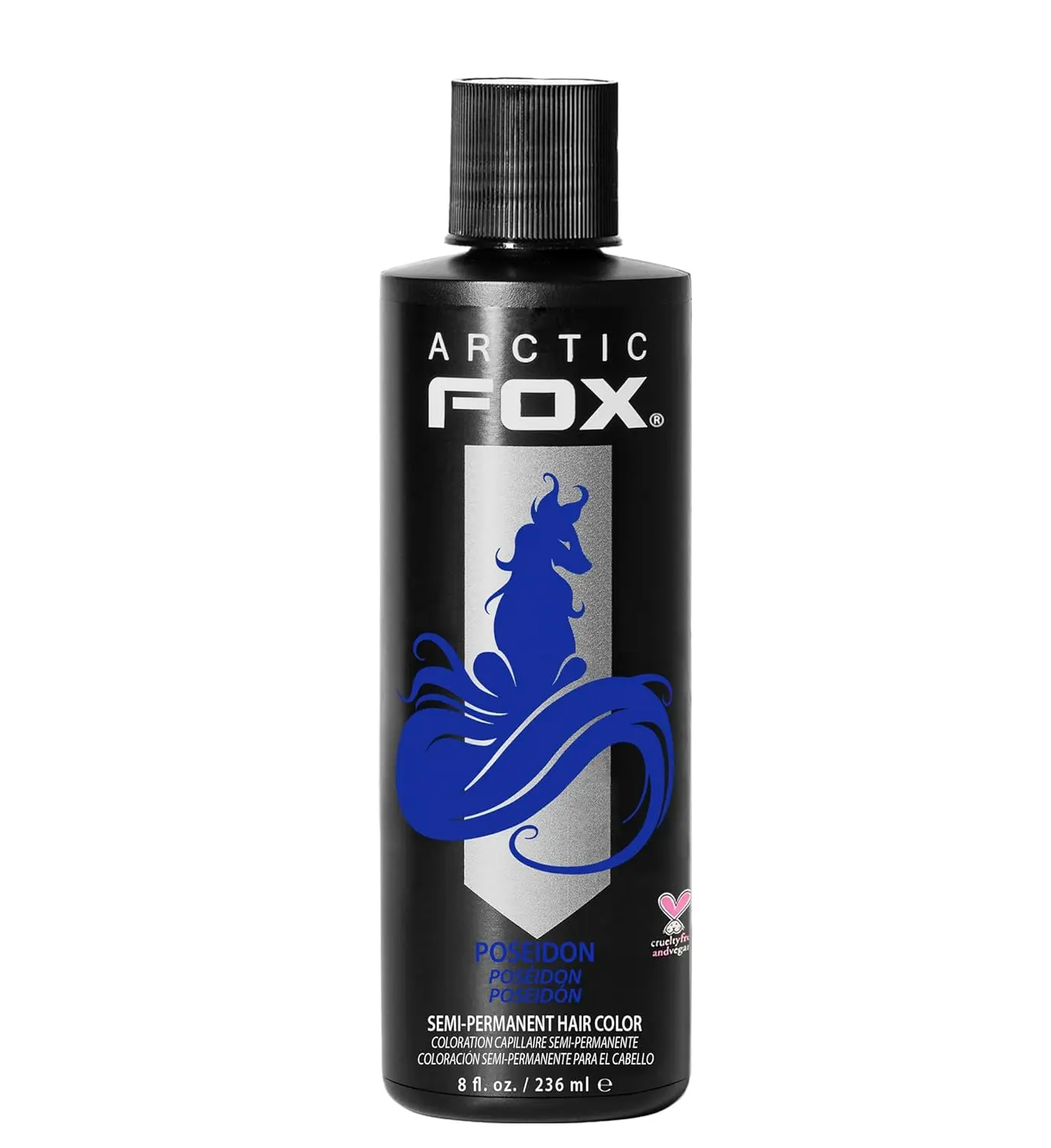 A bottle of Arctic Fox Poseidon blue hair dye, a vibrant, medium true blue vegan and cruelty-free semi-permanent hair color.