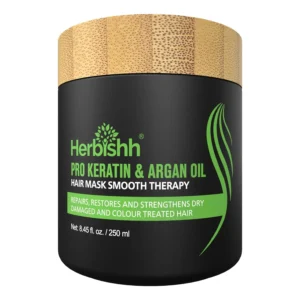 Herbishh argan oil hair mask with keratin provides professional treatment for dry, damaged, and color-treated hair, restoring softness, bounce, and shine with natural and safe ingredients.
