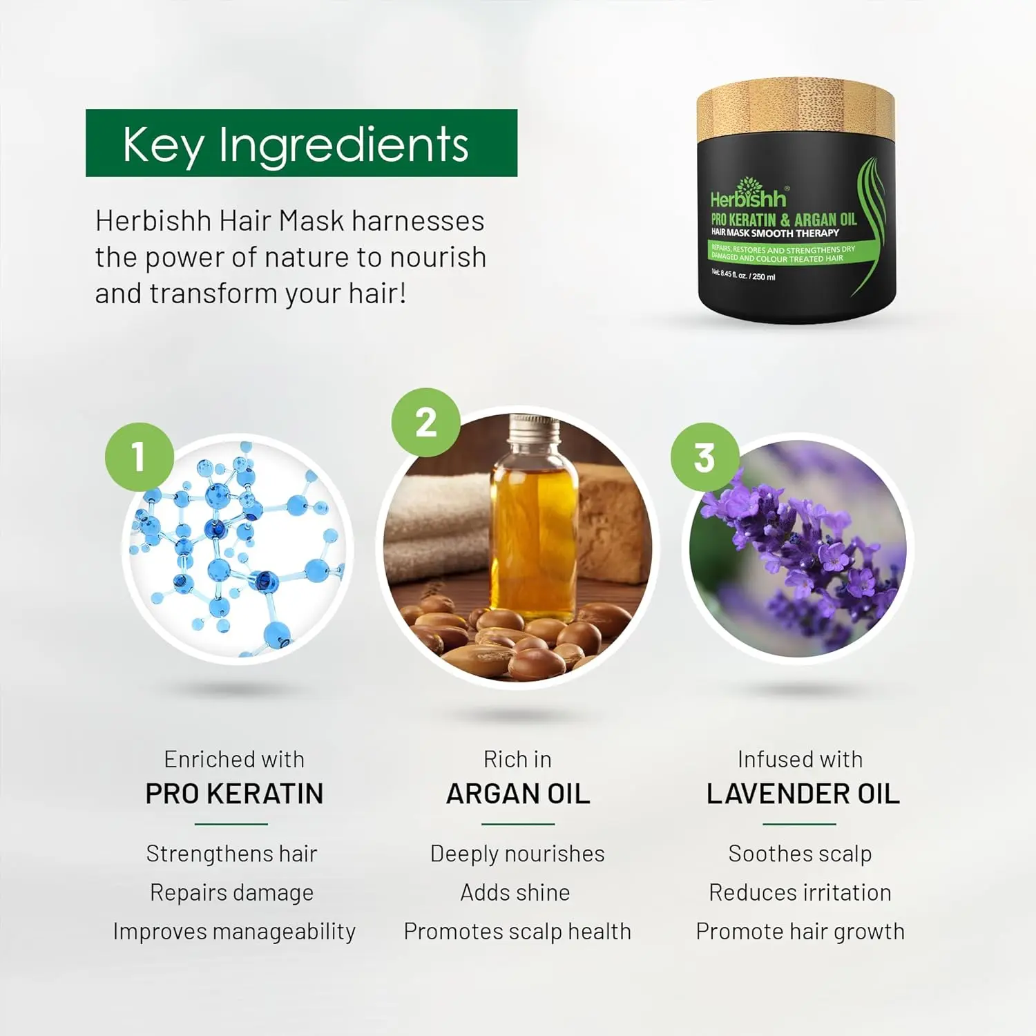 Herbishh argan oil hair mask with keratin provides professional treatment for dry, damaged, and color-treated hair, restoring softness, bounce, and shine with natural and safe ingredients.