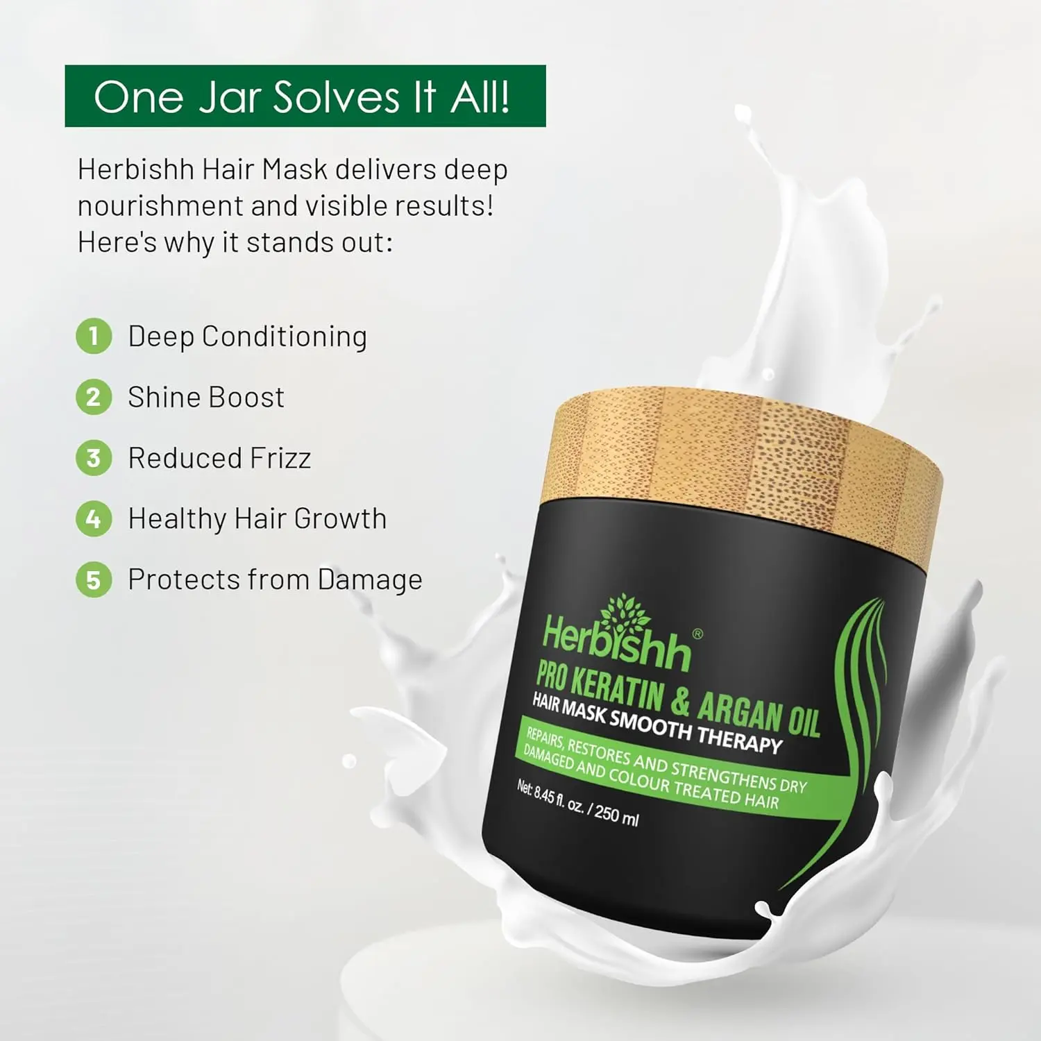 Herbishh argan oil hair mask with keratin provides professional treatment for dry, damaged, and color-treated hair, restoring softness, bounce, and shine with natural and safe ingredients.