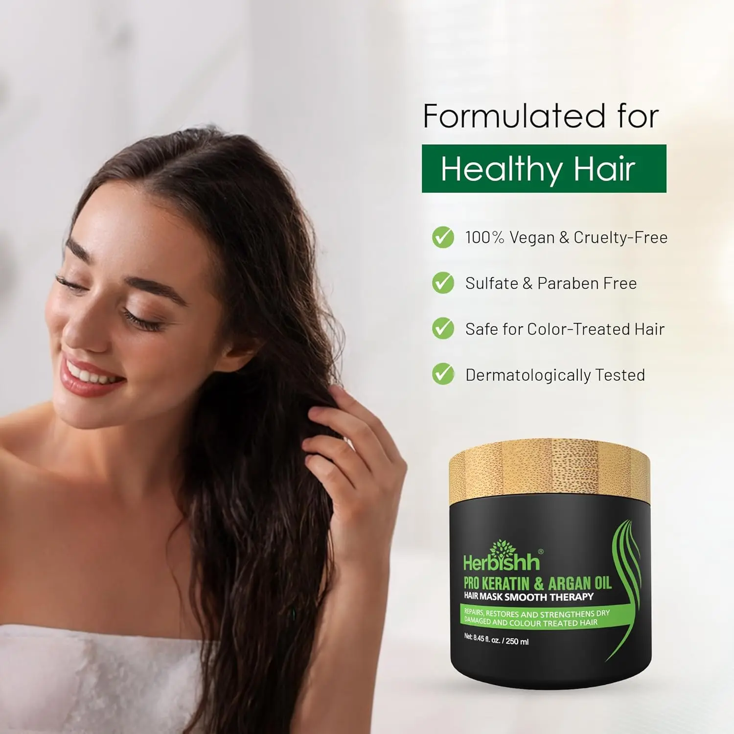 Herbishh argan oil hair mask with keratin provides professional treatment for dry, damaged, and color-treated hair, restoring softness, bounce, and shine with natural and safe ingredients.